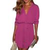 imageECOWISH Womens Dress Long Sleeve Casual Button Down Shirt Dress Loose Fall Dress V Neck Color Block Mini Dress Pockets BeltVrose Red