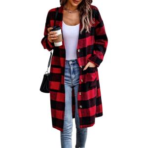 imageECOWISH Women Coat Trench Jacket  Winter Long Sleeve Peacoat Fall MidLength Lapel Cardigan Overcoat with Pockets306 Red Black