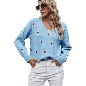 imageECOWISH Women Valentine Heart Sweater V Neck Embroidery Knit Loose Casual Long Sleeve Ribbed Pullover SweatersGray Blue