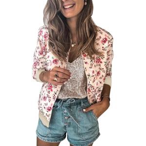 imageECOWISH Womens Casual Floral Zip Up Bomber Jacket Coat Stand Collar Lightweight Short Outwear Tops Windbreaker with Pockets333 Pink