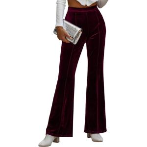 imageECOWISH Womens Velvet Pants Elastic High Waist Palazzo Pants Casual Flare Long TrousersWine Red