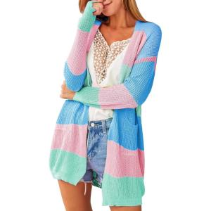 imageECOWISH Womens Cardigan Sweaters Fall Winter Knitted Rainbow Color Block Striped Cozy Kimono Long Sleeve Open Front PocketsMulticolored