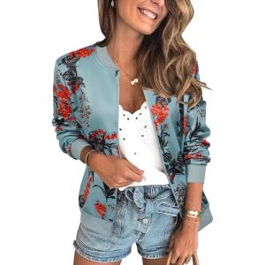 imageECOWISH Womens Casual Floral Zip Up Bomber Jacket Coat Lightweight Short Camo No Lining Outwear Tops Windbreaker with Pocket333 Blue Black