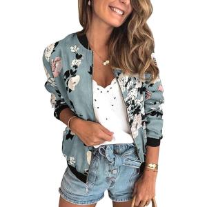 imageECOWISH Womens Casual Floral Zip Up Bomber Jacket Coat Lightweight Short Camo No Lining Outwear Tops Windbreaker with Pocket333 Blue1