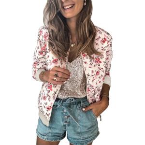 imageECOWISH Womens Casual Floral Zip Up Bomber Jacket Coat Lightweight Short Camo No Lining Outwear Tops Windbreaker with Pocket333 Pink