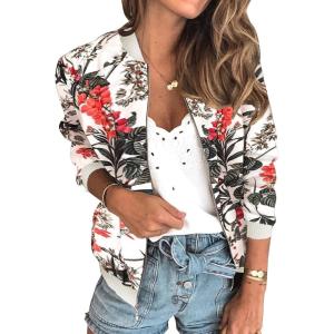 imageECOWISH Womens Casual Floral Zip Up Bomber Jacket Coat Lightweight Short Camo No Lining Outwear Tops Windbreaker with Pocket333 White