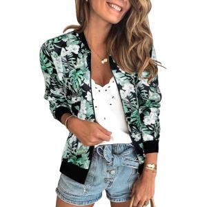 imageECOWISH Womens Casual Floral Zip Up Bomber Jacket Coat Lightweight Short Camo No Lining Outwear Tops Windbreaker with Pocket333black