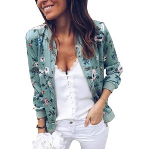 imageECOWISH Womens Casual Floral Zip Up Bomber Jacket Coat Lightweight Short Camo No Lining Outwear Tops Windbreaker with Pocket832 Green