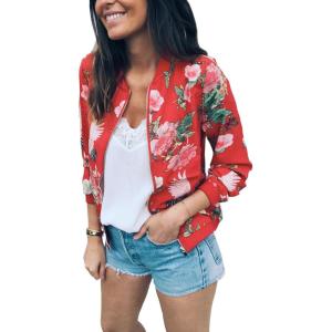 imageECOWISH Womens Casual Floral Zip Up Bomber Jacket Coat Lightweight Short Camo No Lining Outwear Tops Windbreaker with Pocket832 Red