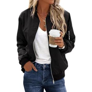 imageECOWISH Womens Casual Floral Zip Up Bomber Jacket Coat Lightweight Short Camo No Lining Outwear Tops Windbreaker with PocketSblack