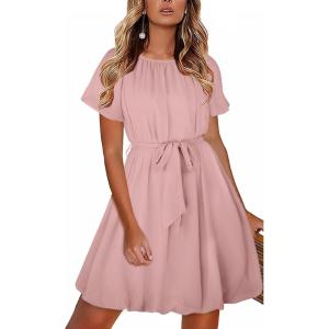imageECOWISH Women Summer Mini Dress Short Puff Sleeve Flowy Short Dresses Casual A Line Chiffon Sundress Crew Neck Tie Dye PocketPink