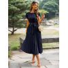 imageECOWISH Summer Maxi Dress Women Cocktail Formal Wedding Guest Long Short Sleeve Pleated Dresses Empire Waist Crew Neck Slit30navy Blue