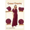 imageECOWISH Summer Maxi Dress Women Cocktail Formal Wedding Guest Long Short Sleeve Pleated Dresses Empire Waist Crew Neck SlitWine Red
