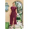 imageECOWISH Summer Maxi Dress Women Cocktail Formal Wedding Guest Long Short Sleeve Pleated Dresses Empire Waist Crew Neck SlitWine Red