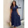 imageECOWISH Womens Midi Dress Summer Spring Short Sleeve Button Front Casual A Line Maxi Shirt Dresses with V Neck Pockets 202525navy Blue