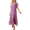 imageECOWISH Summer Maxi Dress Women Cocktail Formal Wedding Guest Long Short Sleeve Pleated Dresses Empire Waist Crew Neck SlitGrey Purple