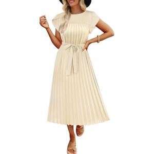 imageECOWISH Summer Maxi Dress Women Cocktail Formal Wedding Guest Long Short Sleeve Pleated Dresses Empire Waist Crew Neck Slit30beige