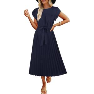 imageECOWISH Summer Maxi Dress Women Cocktail Formal Wedding Guest Long Short Sleeve Pleated Dresses Empire Waist Crew Neck Slit30navy Blue