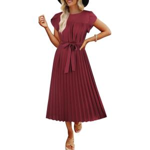 imageECOWISH Summer Maxi Dress Women Cocktail Formal Wedding Guest Long Short Sleeve Pleated Dresses Empire Waist Crew Neck Slit30wine Red
