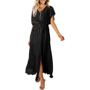 imageECOWISH Summer Maxi Dress Women Cocktail Formal Wedding Guest Long Short Sleeve Pleated Dresses Empire Waist Crew Neck Slit42black