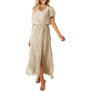 imageECOWISH Summer Maxi Dress Women Cocktail Formal Wedding Guest Long Short Sleeve Pleated Dresses Empire Waist Crew Neck Slit42champagne