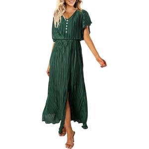 imageECOWISH Summer Maxi Dress Women Cocktail Formal Wedding Guest Long Short Sleeve Pleated Dresses Empire Waist Crew Neck Slit42green
