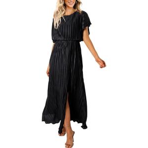 imageECOWISH Summer Maxi Dress Women Cocktail Formal Wedding Guest Long Short Sleeve Pleated Dresses Empire Waist Crew Neck SlitBlack