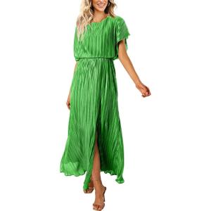 imageECOWISH Summer Maxi Dress Women Cocktail Formal Wedding Guest Long Short Sleeve Pleated Dresses Empire Waist Crew Neck SlitBrilliant Green