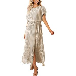 imageECOWISH Summer Maxi Dress Women Cocktail Formal Wedding Guest Long Short Sleeve Pleated Dresses Empire Waist Crew Neck SlitChampagne