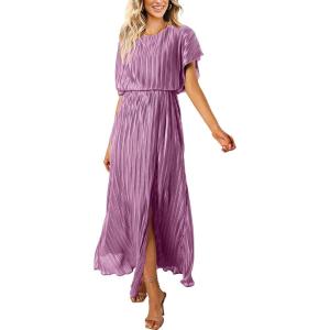 imageECOWISH Summer Maxi Dress Women Cocktail Formal Wedding Guest Long Short Sleeve Pleated Dresses Empire Waist Crew Neck SlitGrey Purple