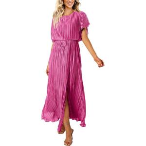 imageECOWISH Summer Maxi Dress Women Cocktail Formal Wedding Guest Long Short Sleeve Pleated Dresses Empire Waist Crew Neck SlitPink