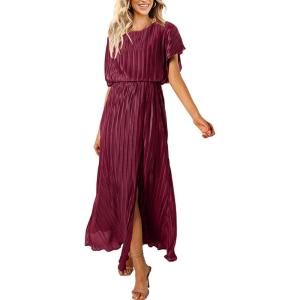 imageECOWISH Summer Maxi Dress Women Cocktail Formal Wedding Guest Long Short Sleeve Pleated Dresses Empire Waist Crew Neck SlitWine Red