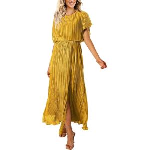 imageECOWISH Summer Maxi Dress Women Cocktail Formal Wedding Guest Long Short Sleeve Pleated Dresses Empire Waist Crew Neck SlitYellow