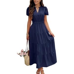 imageECOWISH Womens Midi Dress Summer Spring Short Sleeve Button Front Casual A Line Maxi Shirt Dresses with V Neck Pockets 202525navy Blue