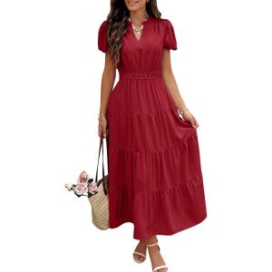 imageECOWISH Womens Midi Dress Summer Spring Short Sleeve Button Front Casual A Line Maxi Shirt Dresses with V Neck Pockets 202525red
