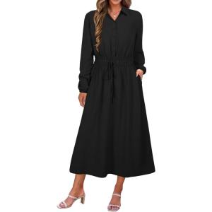imageECOWISH Womens Midi Dress Summer Spring Short Sleeve Button Front Casual A Line Maxi Shirt Dresses with V Neck Pockets 202563black
