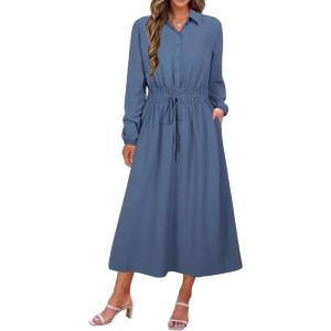imageECOWISH Womens Midi Dress Summer Spring Short Sleeve Button Front Casual A Line Maxi Shirt Dresses with V Neck Pockets 202563gray Blue