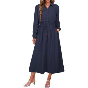 imageECOWISH Womens Midi Dress Summer Spring Short Sleeve Button Front Casual A Line Maxi Shirt Dresses with V Neck Pockets 202563navy Blue