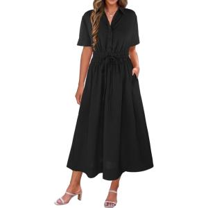 imageECOWISH Womens Midi Dress Summer Spring Short Sleeve Button Front Casual A Line Maxi Shirt Dresses with V Neck Pockets 2025Black