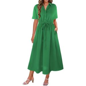 imageECOWISH Womens Midi Dress Summer Spring Short Sleeve Button Front Casual A Line Maxi Shirt Dresses with V Neck Pockets 2025Bright Green
