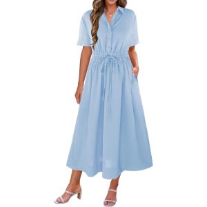 imageECOWISH Womens Midi Dress Summer Spring Short Sleeve Button Front Casual A Line Maxi Shirt Dresses with V Neck Pockets 2025Light Blue