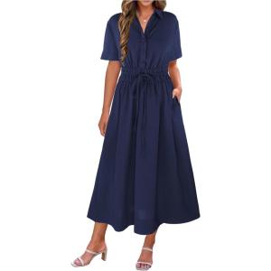 imageECOWISH Womens Midi Dress Summer Spring Short Sleeve Button Front Casual A Line Maxi Shirt Dresses with V Neck Pockets 2025Navy Blue
