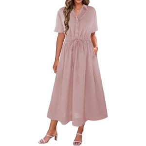 imageECOWISH Womens Midi Dress Summer Spring Short Sleeve Button Front Casual A Line Maxi Shirt Dresses with V Neck Pockets 2025Pink