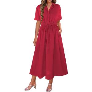 imageECOWISH Womens Midi Dress Summer Spring Short Sleeve Button Front Casual A Line Maxi Shirt Dresses with V Neck Pockets 2025Red