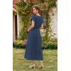 imageECOWISH Women Cotton Midi Dress 2025 Button V Neck Casual Summer Dresses Short Sleeve ALine Shirt Long Dress with Pockets422 Navy Blue