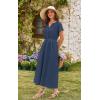 imageECOWISH Women Cotton Midi Dress 2025 Button V Neck Casual Summer Dresses Short Sleeve ALine Shirt Long Dress with Pockets422 Navy Blue