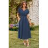 imageECOWISH Women Cotton Midi Dress 2025 Button V Neck Casual Summer Dresses Short Sleeve ALine Shirt Long Dress with Pockets422 Navy Blue