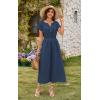 imageECOWISH Women Cotton Midi Dress 2025 Button V Neck Casual Summer Dresses Short Sleeve ALine Shirt Long Dress with Pockets422 Navy Blue