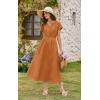 imageECOWISH Women Cotton Midi Dress 2025 Button V Neck Casual Summer Dresses Short Sleeve ALine Shirt Long Dress with Pockets422 Orange