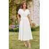 imageECOWISH Women Cotton Midi Dress 2025 Button V Neck Casual Summer Dresses Short Sleeve ALine Shirt Long Dress with Pockets422 White
